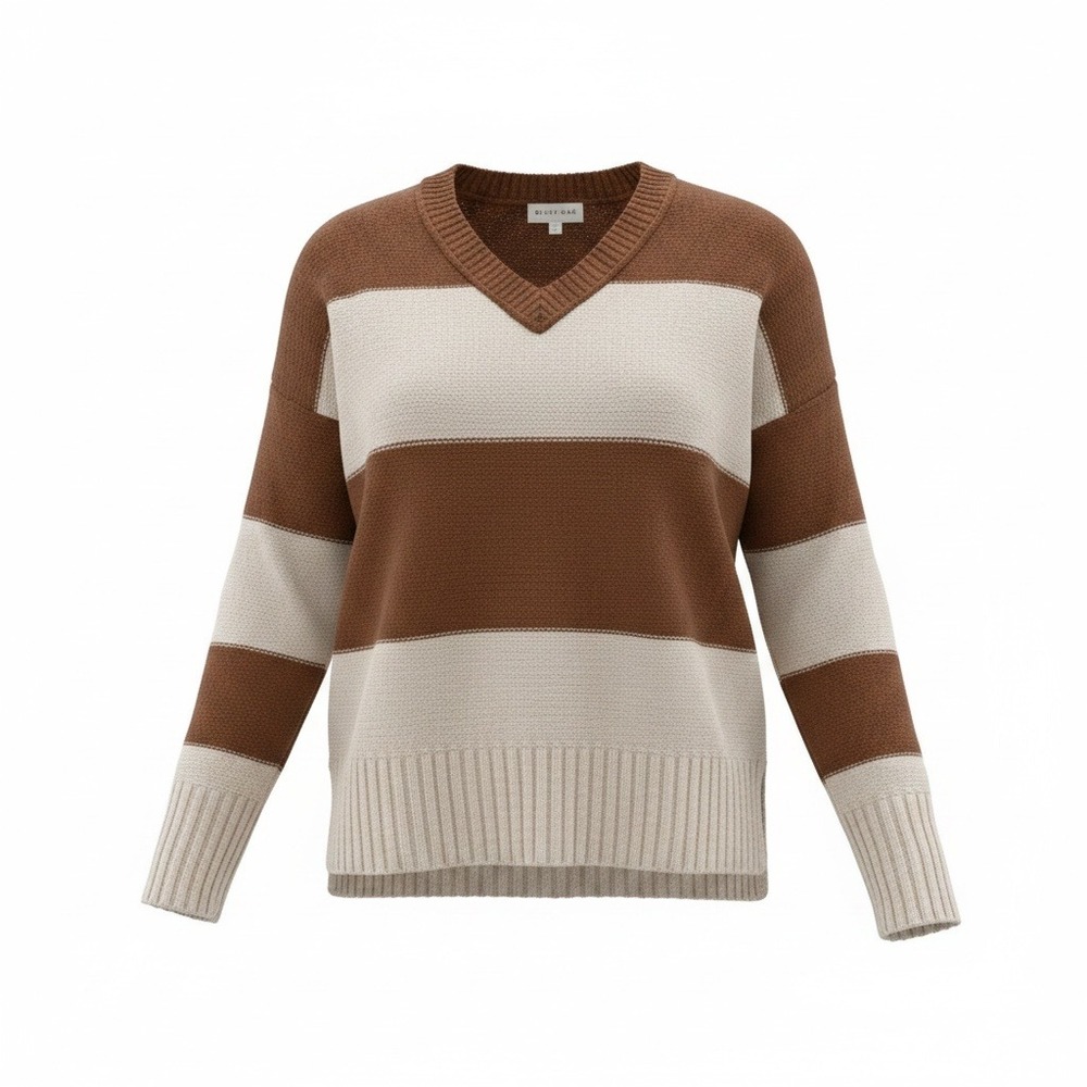 Olive + Oak Brown Cream Striped V Neck Sweater Womens Medium Cozy Fall Boho